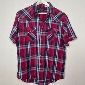 Plains Shirt Mens Large Red Plaid Pearl Snap Big Western Short Sleeve